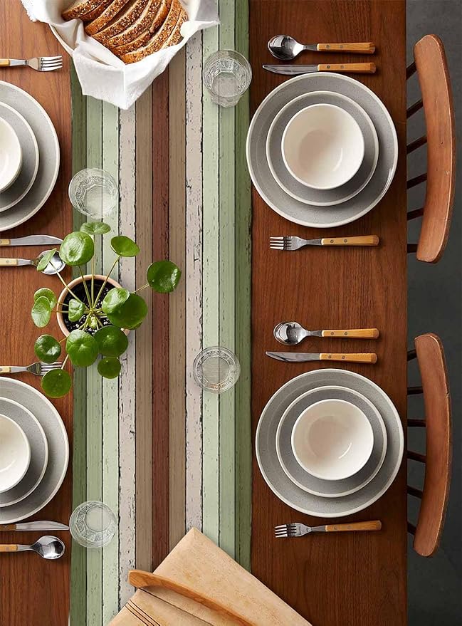 Sage Green Wooden Cotton Linen Table Runner for Dining Kitchen, Wedding Outdoor Party Tablerunners Decoration, Vintage Country Retro Distressed Grain Dresser Scarf Coffee Tablecloth Runners 13''x90''