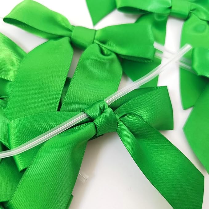 50pcs 3-1/2" Green Satin Ribbon Bows with Twist Ties Giant Bows for Christmas Holiday Gift Packing&Wrapping (Green)