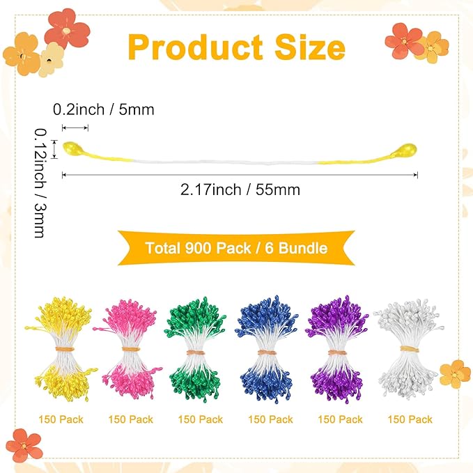 900-Pack Flower Stamens for Crafts, 5mm Double Heads Artificial Pearl Floral Pistil Mini Flower Pollens Stamens for DIY Making/Scrapbook Decoration [Green and 5 Colors]