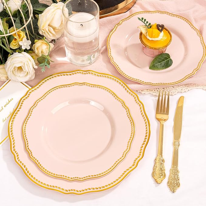 Hioasis 60pcs Pink Plastic Plates - Pink and Gold Disposable Dinnerware with Gold Rim, Heavy-duty, 7.5 inch, Dessert Plates for Party & Wedding