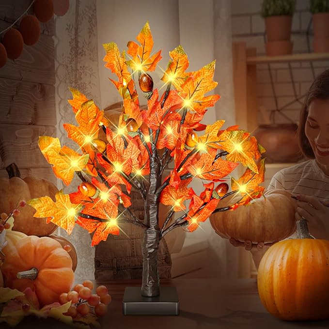 2 Pack 18 Inch Prelit Fall Maple Tree with 36 LED Lights, 6 Acorns, 1.5ft Tabletop Autumn Artificial Tree, Fall Centerpieces for Thanksgiving Decoration, Christmas Halloween Harvest Home Decor