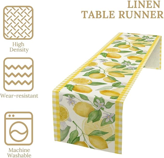 Lemon Table Runner,Yellow White Buffalo Plaid Summer Table Runner for Kitchen Dining Table Home Party Decoration 13x120 Inch