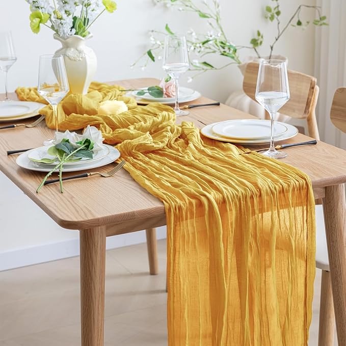 Asee'm 6pcs Cheesecloth Table Runner 120 Inches Long Gold Boho Gauze Cheese Cloth Runner 10FT Rustic Sheer Table Runners for Christmas Wedding Party Baby Shower Spring Easter Decoration