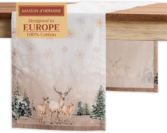 Maison d' Hermine Table Runner 100% Cotton Single Layer Table Runners 108 inches Long for Thanksgiving Christmas Decorations Home Kitchen Dining Party Wedding (Deer in The Woods, 14.5" x 108")