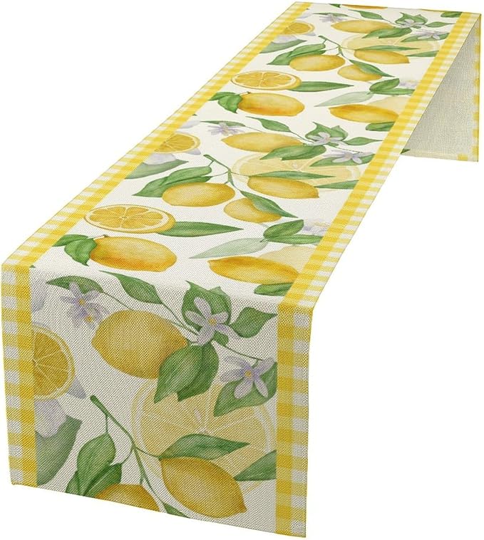 Lemon Table Runner,Yellow White Buffalo Plaid Summer Table Runner for Kitchen Dining Table Home Party Decoration 13x120 Inch