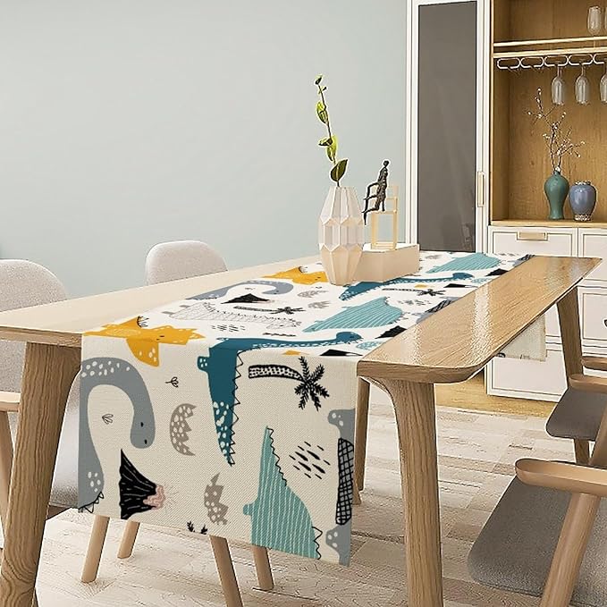 Cartoon Dinosaur Table Runner,Kids Boys Cute Various Dino Moutain Modern Abstract Print Tablecloth Burlap for Hotel Indoors Outdoor Dining Room Kitchen Holiday Party, 13x90in