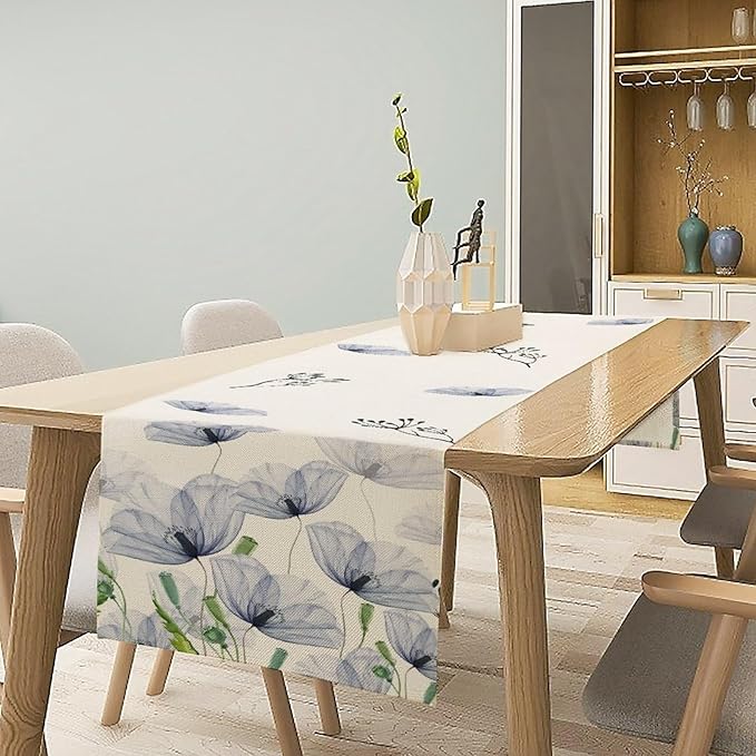Watercolor Poppy Floral Table Runner, Abstract Seasonal Spring Summer Blue Purple Flower Kitchen Dinning Table Runner for Indoor Outdoor Home Wedding Party Holiday, 13x120 Inch