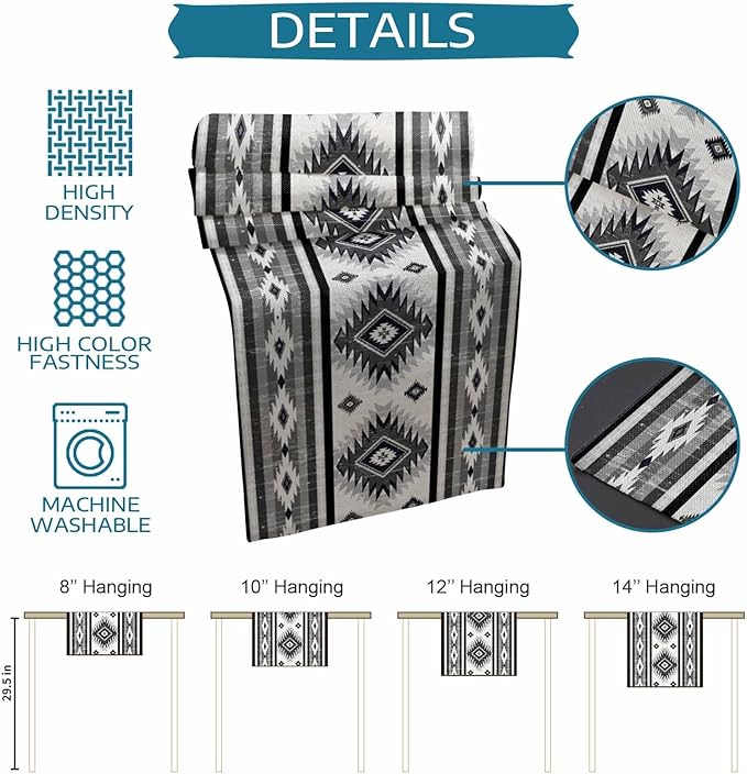 Aztec Southwest Cotton Linen Table Runner for Dining Kitchen, Wedding Outdoor Party Tablerunners Decoration, Boho Ethnic Tribes Vintage Grey Dresser Scarf Coffee Tablecloth Runners 13x60 Inches