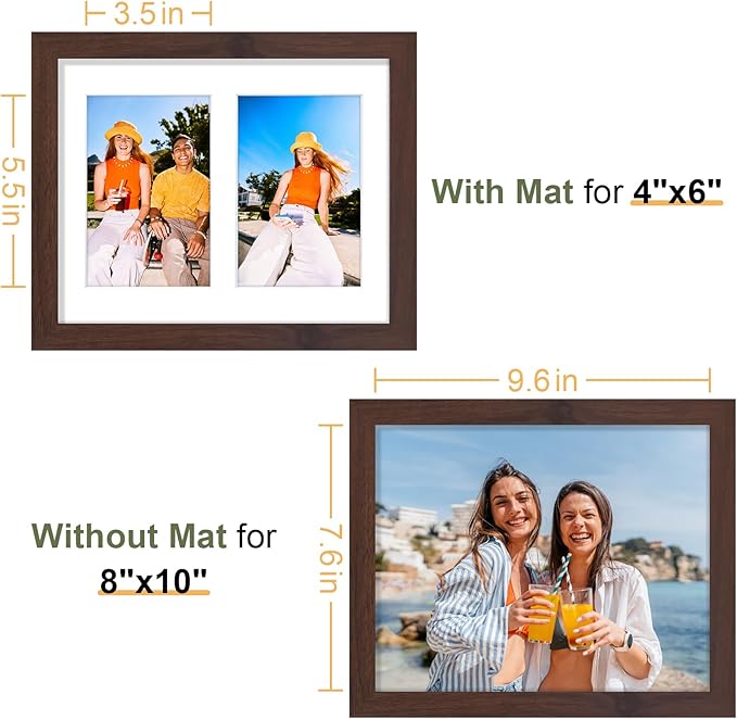 Vittanly 8x10 Collage Picture Frame, Displays 2Pcs 4x6 Pictures with Mat, Photo Frame for Wall Mounting or Table Top with Stand, Brown, 1 Pack