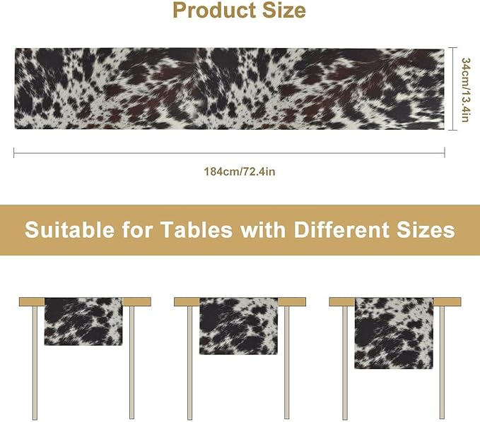 Cow Print Table Runner, Country Farm Animal Fur Skin Pattern Western Style Black Brown Cowhide Print Dinner Runner for Home Kitchen Dining Home Setting, 13x36 Inch
