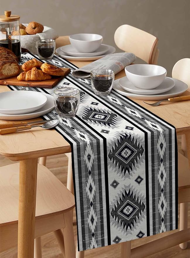 Aztec Southwest Cotton Linen Table Runner for Dining Kitchen, Wedding Outdoor Party Tablerunners Decoration, Boho Ethnic Tribes Vintage Grey Dresser Scarf Coffee Tablecloth Runners 13x60 Inches