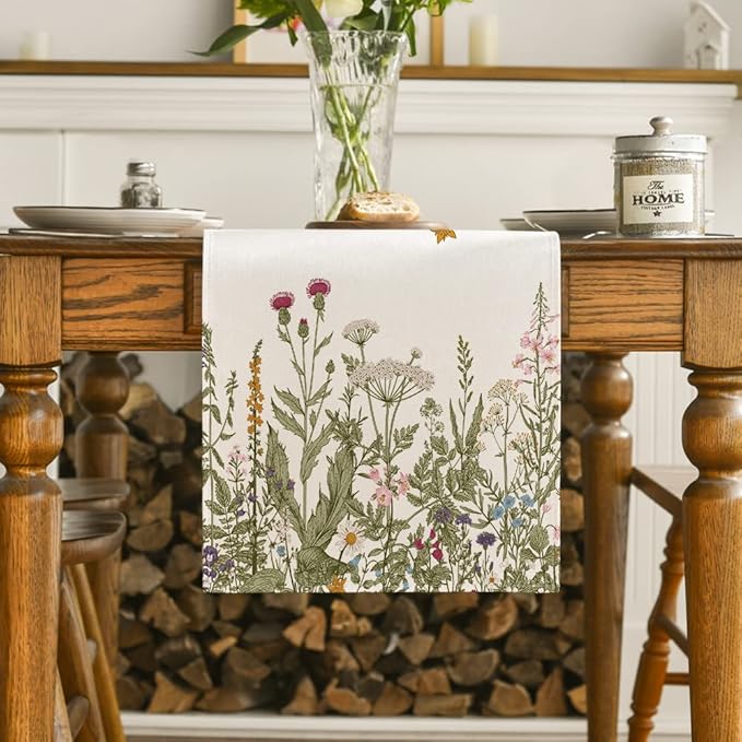 Artoid Mode Antique Herbs and Wild Flowers Summer Table Runner, Spring Fall Kitchen Dining Table Decoration for Home Party 13x120 Inch