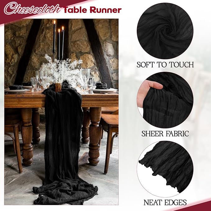 Aktor 12 Pack Black Table Runner Boho Cheesecloth Table Runner Semi Sheer Gauze Fabric Runners for Wedding Birthday Baby Shower Party Boho Table Decoration（Black）