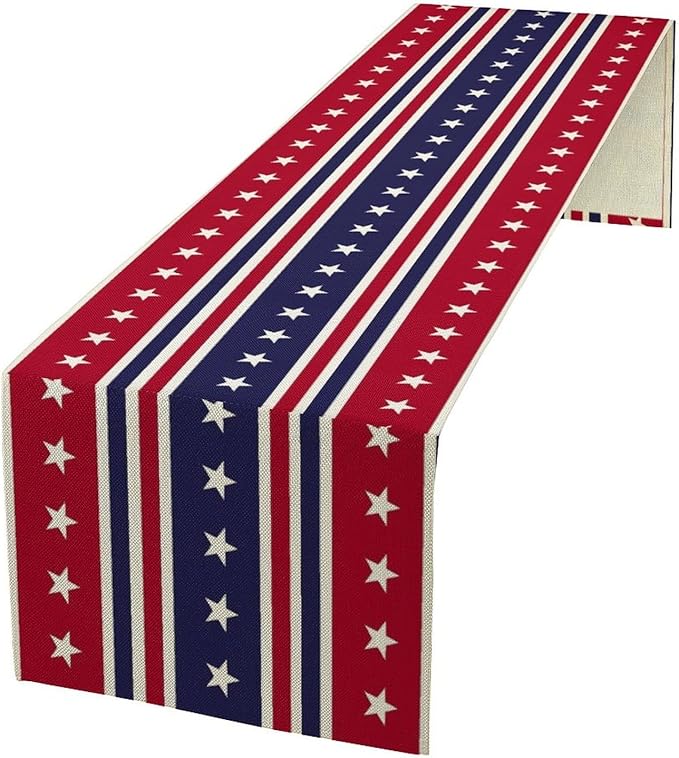 4th of July Table Runner, USA Flag Stars Stripes American Independence Day Red Blue White Stars Lines Print Table Cover for Farmhouse Kitchen Indoor Outdoor Home Party, 13x70inch