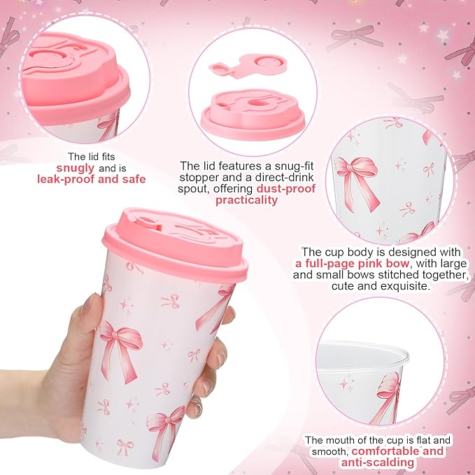 Yungyan 24 Sets Pink Bow Party Favors Goodie Cups with Lids and Straws for Birthday Coquette Party Decorations Reusable 16oz Plastic Candy Cups Plastic Straws for Christmas Decor(Pink Bow)