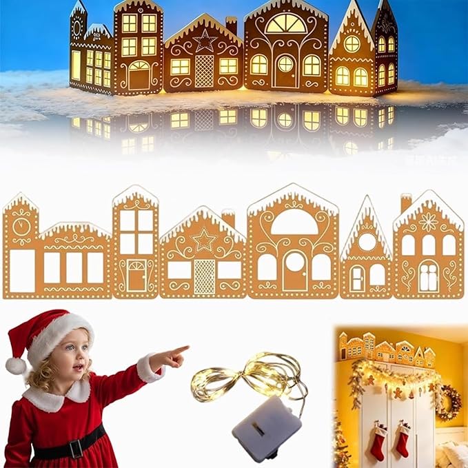 Christmas Gingerbread Village Light-Up Decor, House Cardboard Kit with LED Lights, Foldable House Village Centerpieces Christmas Decorations, Holiday Home Tabletop Decor