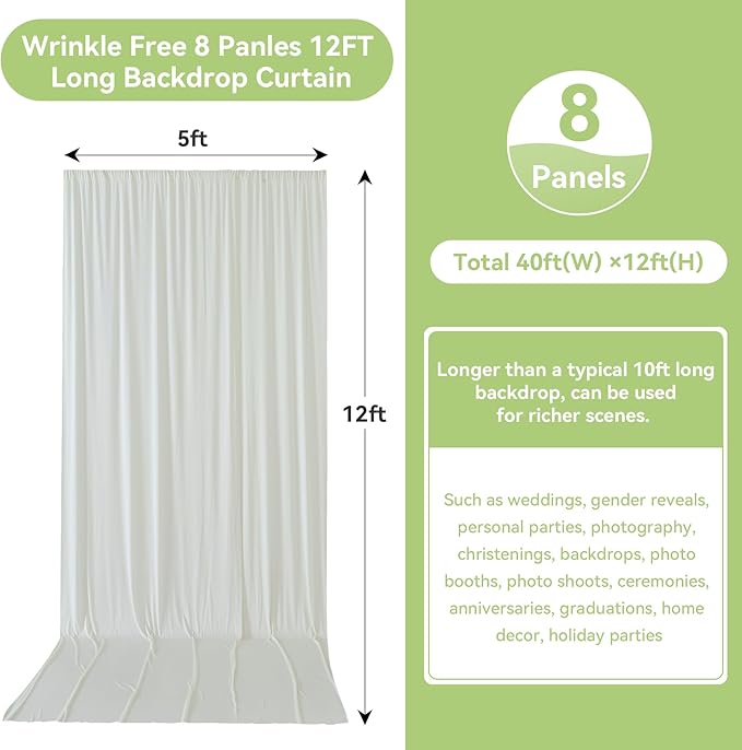 leegleri 40ftx12ft Wrinkle Free Ivory Backdrop Curtain, 8 Panels 12FT Height Ivory Wedding Backdrop Drapes, Silky Polyester Back Drop Cloth for Birthday Photography Background Party Backdrop Draping