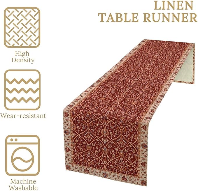 Boho Floral Vintage Table Runner, Red Retro Flower Rustic Country Farmhouse Abstract Pattern for Home Kitchen Table Decor Dining Coffee Room Party Decor 13x72in