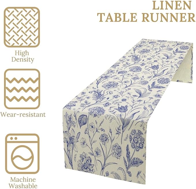 Monochrome Sketch Flowers Table Runner, Seasonal Spring Fall Plants Blue Florals Dinner Runner for Home Kitchen Dining Table Party Holiday Decoration 13"x90"
