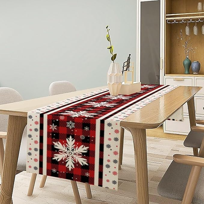 Snowflakes Christmas Table Runner,Red Buffalo Plaid Seasonal Winter Kitchen Dining Table Decoration for Home Party Decor 13x60 Inch