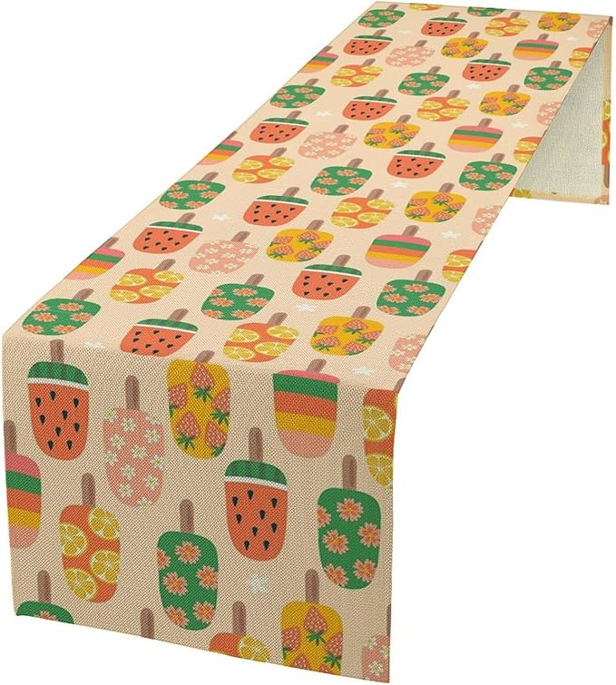 Summer Popsicles Table Runner, Colorful Cute Ice Cream Childish Seasonal Dinner Runner for Party Holiday Home Kitchen Dining Table Decor 13"x108"