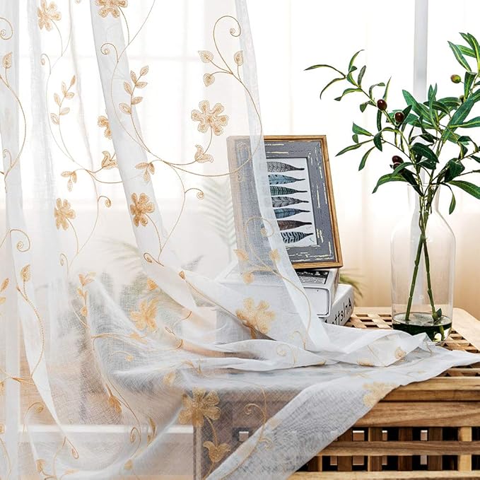 Embroidery Sheer Curtains Gold 63 Inch Length, Rod Pocket Voile Drapes for Living room, Bedroom, Window Treatments Semi Crinkle Curtain Panels for Yard, Patio, Villa, Parlor, Set of 2, 52"x 63".