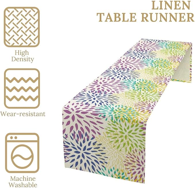 Purple Flowers Table Runner, Chrysanthemum Dahlia Vintage Modern Colorful Spring Summer Elegant Table Runner for Party Kitchen Dining Living Room Laundry Room Decor, 13x108 Inch