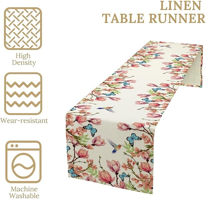 Flowers Table Runner,Floral Bird Butterfly Spring Table Cloth Kitchen Dining Table Home Party Decoration 13x90 Inch