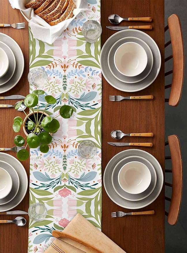 Green Blue Pink Boho Floral Cotton Linen Table Runner for Dining Kitchen, Wedding Outdoor Party Tablerunners Decoration, Retro Bohemian Botanical Dresser Scarf Coffee Tablecloth Runners 13x60 Inches