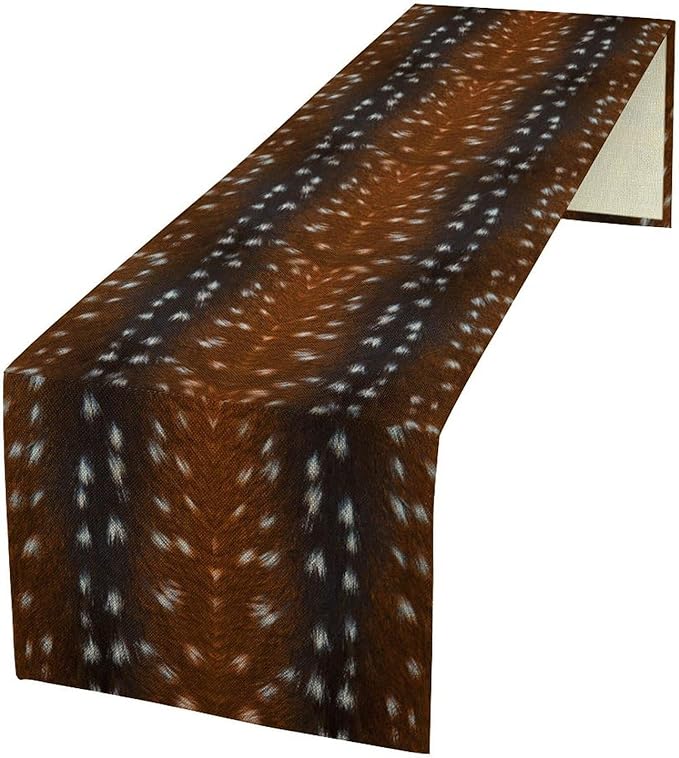 Deer Skin Table Runner Brown Fur Runner Black White Elk Deer Print Fur Western Print Cotton Linen Cottage Dinner Table Runners for Dining Room Kitchen Table Setting, 13x90 Inch