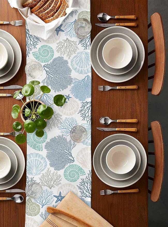 Coastal Coral Cotton Linen Table Runner for Dining Kitchen, Wedding Outdoor Party Tablerunners Decoration, Blue Nautical Starfish Ocean Shell Beach Dresser Scarf Coffee Tablecloth Runners 13x72 Inches