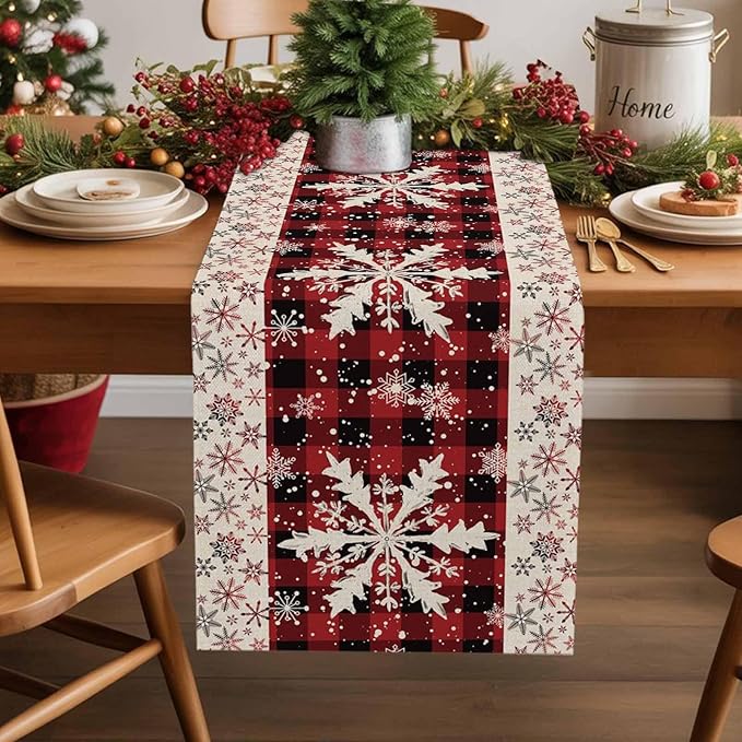 Buffalo Plaid Christmas Cotton Linen Table Runner for Dining Kitchen, Snowflake Red Black Check Wedding Outdoor Party Tablerunner Decoration,Retro Dresser Scarf Coffee Tablecloth Runners 13x120 Inches