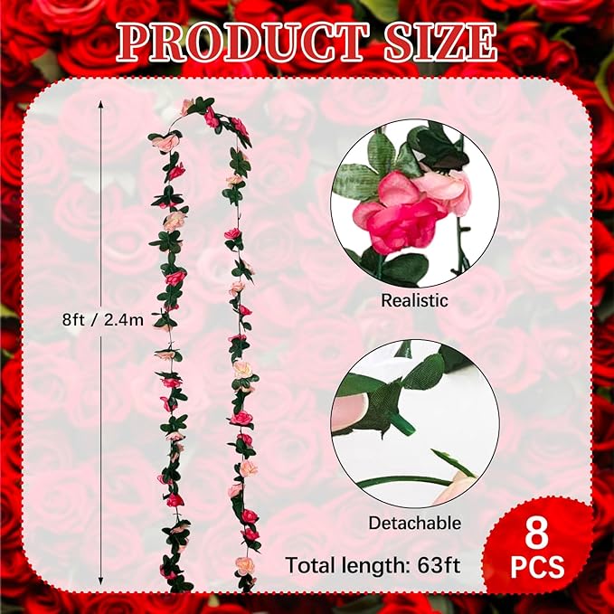 8Pcs 63Ft Pink Rose Garland, Fake Rose Hanging Flowers, Artificial Flower Vine, Hanging Floral Vine Garland for Wedding, Birthday Party, Wall Arch, Halloween, Christmas Garden Backdrop Decor