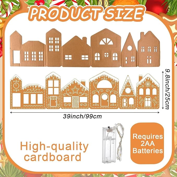 Christmas Gingerbread Village Light-Up Decor, House Cardboard Kit with LED Lights, Foldable House Village Centerpieces Christmas Decorations, Holiday Home Tabletop Decor
