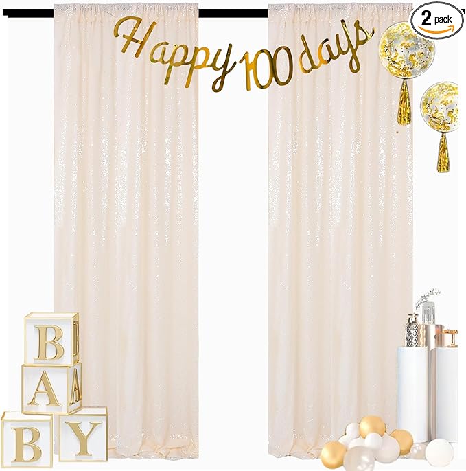 ShinyBeauty Ivory Sequin Backdrop 2pcs 4x7ft | Sparkle Photo Background for Weddings, Parties, Events | Elegant Shimmer Curtains Panels | Perfect for Birthday Celebrations