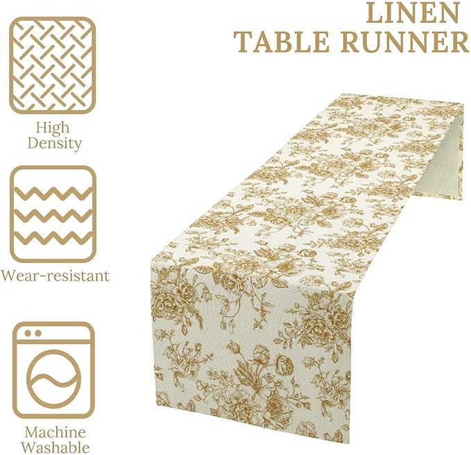 Retro Floral Table Runner, Golden White Wildfloral Sketch Print Kitchen Dinning Table Runner for Indoor Outdoor Home Wedding Party Holiday, 13x60 Inch