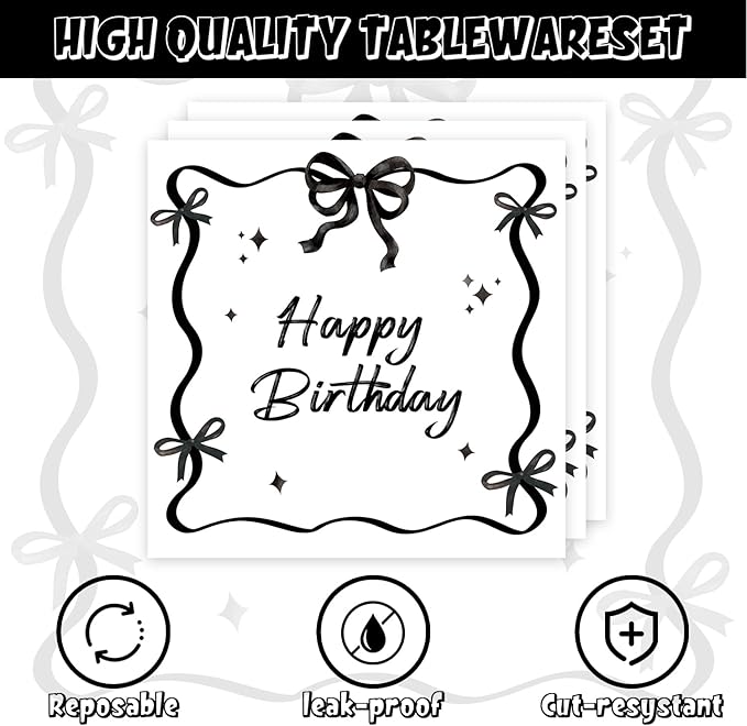 40pcs Black Bow Birthday Decorations Sophisticated Coquette Birthday Supplies,Black Bow Plates and Napkins,Suitable for 20 Guests