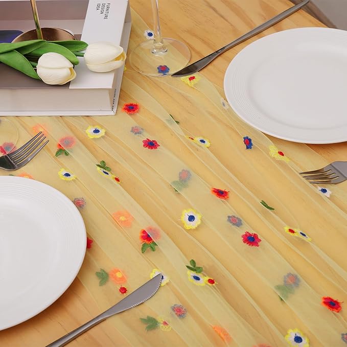 BINBE 12pcs Daisy Fall Table Runner Embroidery Gauze 10FT Florals Seasonal Tulle Holiday Birthday Kitchen Dining Table Decor for Home Party Yellow
