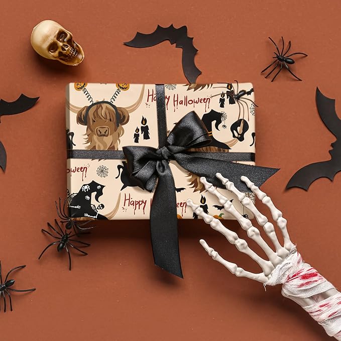 LeZakaa Funny Halloween Wrapping Paper Roll for Kids, Highland Cow Design with Witches Bats Pumpkins for Fall Party, Halloween Trick-or-Treat Gifts Decor, Mini Roll 17 in x 16.4 Ft