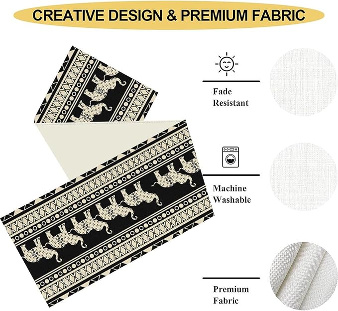 Ethnic Table Runner, Rustic Farmhouse Boho Geometric Elephant Aztec Tribal Print Black Table Center Decor for Home Kitchen Dining Patio Holiday Party Indoor Outdoor Table Decorations, 13"x36" Inch