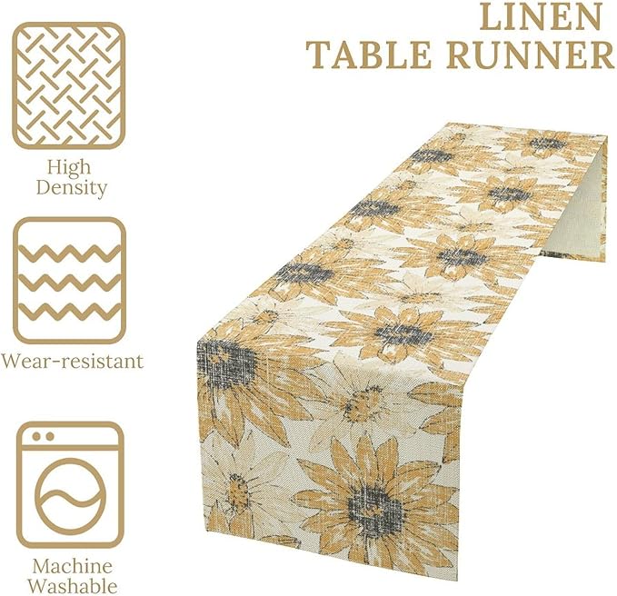 Chrysanthemum Vintage Floral Table Runner, Elegant Grunge Orange Sunflower Spring Summer Elegant Pattern Artichokes Flower Table Runner for Party Kitchen Dining Living Room Decor, 13x60 Inch
