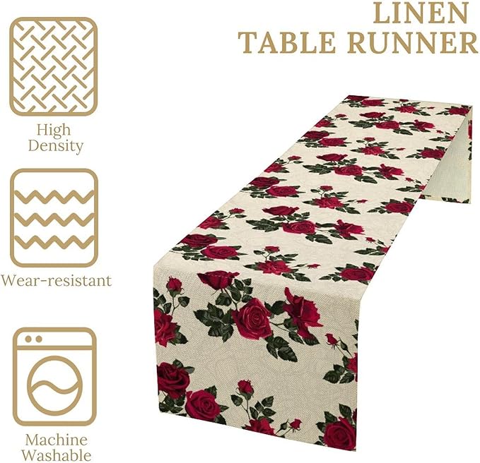 Vintage Rose Table Runner, Red Flowers Green Leaves Valentine's Day Table Runner for Kitchen Dinning Table Runner Decor Home Wedding Party Holiday, 13x36 Inch