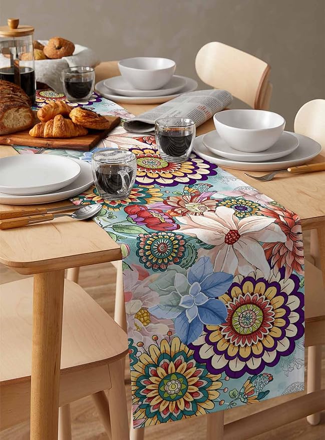 Boho Flowers Cotton Linen Table Runner for Dining Kitchen, Wedding Outdoor Party Tablerunners Decoration, Colorful Floral Farm Vintage Botanical Dresser Scarf Coffee Tablecloth Runners 13x60 Inches