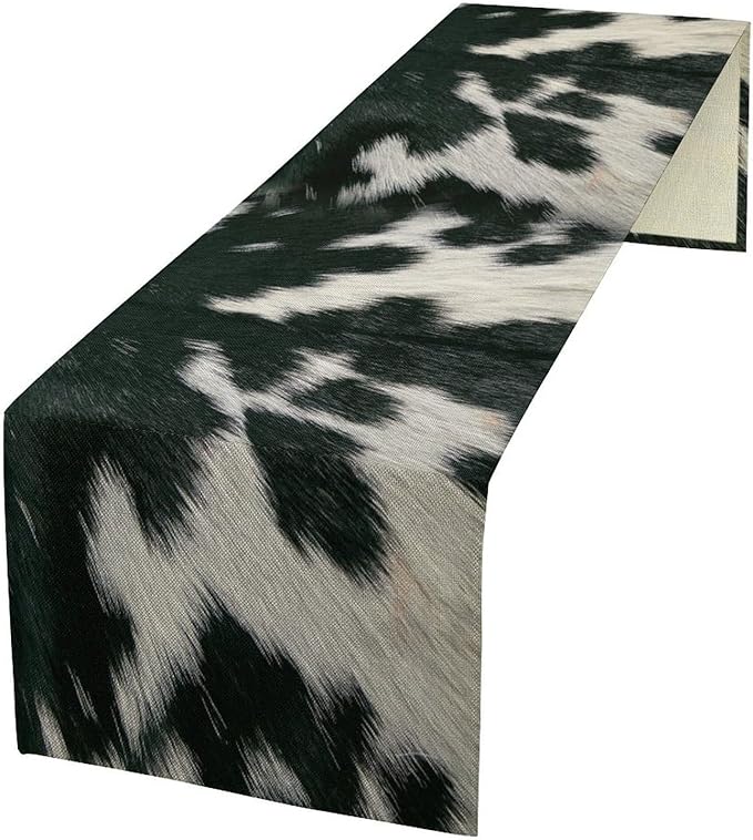Cow Skin Print Table Runner, Rustic Country Farm Fur Skin Cowhide Pattern Western Style Black White Print Table Runner for Home Kitchen Dinning, 13x60 Inch