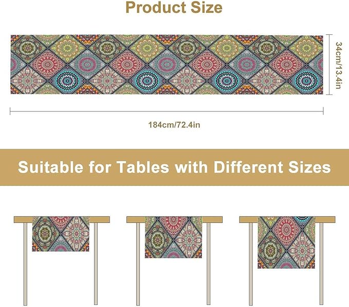Boho Bohemian Table Runner, Vintage Indian Floral Print Table Cover for Farmhouse Kitchen Dining Table Decor Holiday Party, 13x120inch
