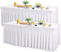 Wish Care 2 Pack White Spandex Table Clothes for 8 Foot Rectangle Tables, 8FT Wrinkle Free Fitted Tablecloths Ruffles Design Table Cover for Party, Banquet, Wedding and Events
