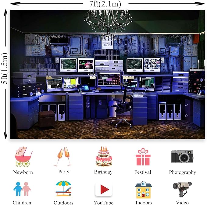 Custom Backdrop with Size Retro Computer Office Backdrop Blue Hacker Room Background for Photography Party Room Decor Photo Booth Props Supplies YUNBDZ008