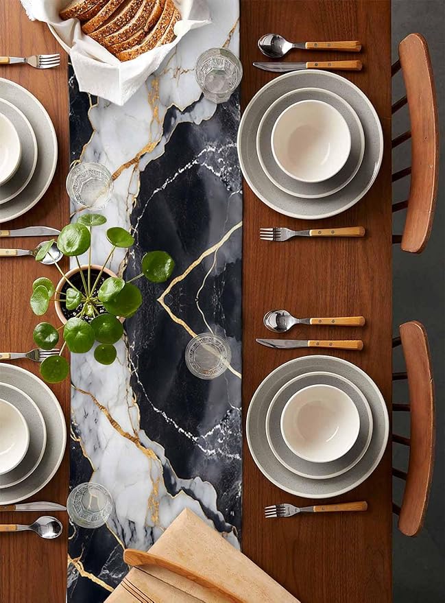 Black White Marble Cotton Linen Table Runner for Dining Kitchen, Wedding Outdoor Party Tablerunners Decoration, Nature Marble Crack Modern Art Dresser Scarf Coffee Tablecloth Runners 13x60 Inches