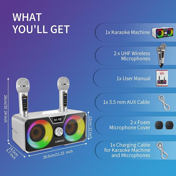 Karaoke Machine for Adults and Kids with 2 UHF Wireless Microphones,Portable Bluetooth Speaker PA Speaker System with LED Party Lights for Home Party, Picnic,Car,Outdoor/Indoor/Birthday Gifts
