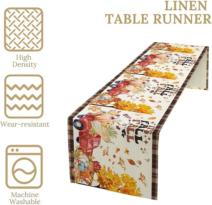 Fall Pumpkin Table Runner,Rustic Maple Yellow Leaf Trees Truncks Brown Plaid Tablecloth Burlap for Hotel Indoors Outdoor Dining Room Kitchen Home Decor,W13X L80 in
